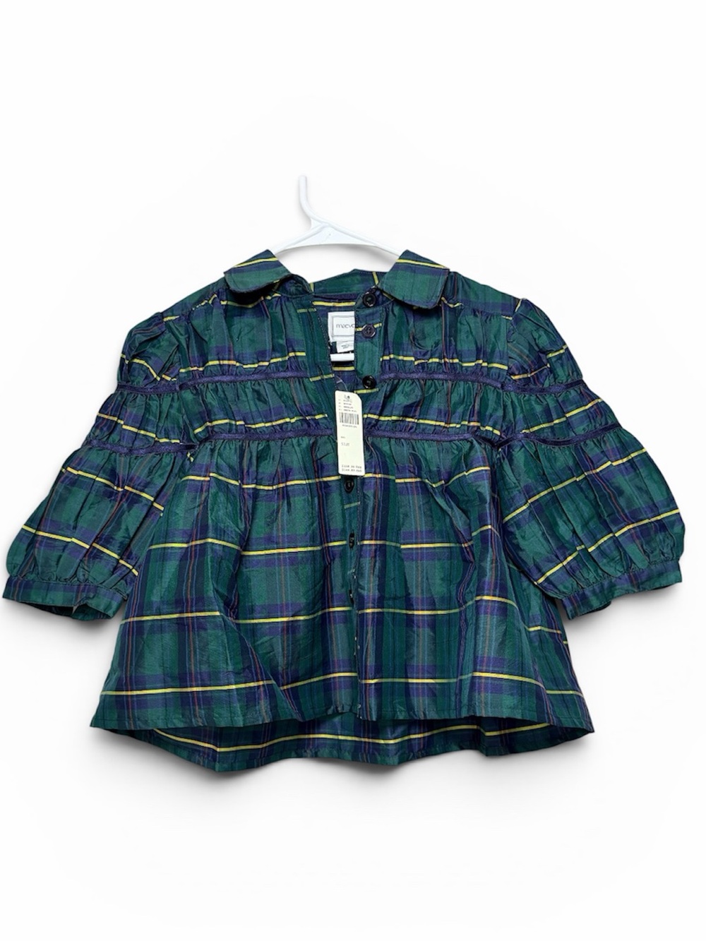 Maeve Girls' Green Plaid Puff Sleeve Blouse
